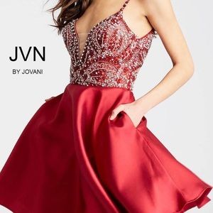 JVN by Jovani Red Cocktail Dress with Beaded Bodice